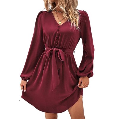 Women's V Neck Casual Cocktail Dress Front Button Long Sleeve Casual Party Midi Dress with Belt