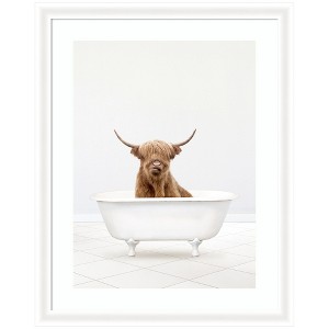 Kate and Laurel Highland Cow Solo Bathtub by Amy Peterson Framed Wall Art Print, 28 x 35, Oliver White Narrow - 1 of 4