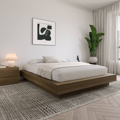 Natural Oak Queen Upholstered Platform Bed Frame