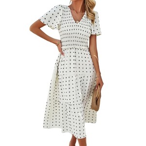 Women Holiday Elegant Jacquard Summer Short Sleeve Pleated Dress - 1 of 4
