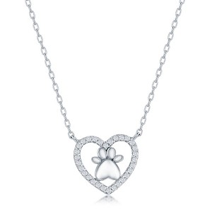 Bella Silver Sterling Silver, Heart Paw Print CZ Necklace - Silver - 16+2 Inch - 1 of 2