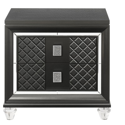 Vynxaria Glamorous 2-Drawer Nightstand, Metallic Gray Finish, Sparkling Trim, Felt-Lined Top Drawer, Zinc Alloy Faux Crystal Handle