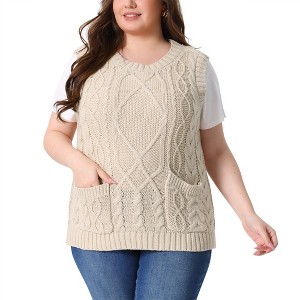 Women's Plus Size Knitted Crew Neck Sleeveless Casual Sweater Vest with Pocket - Agnes Orinda - 1 of 4