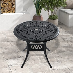 Gulches 35.43" Round Cast Aluminum Patio Table, Black Frame with Umbrella Hole, Weather-Resistant for Outdoor Use - 1 of 4