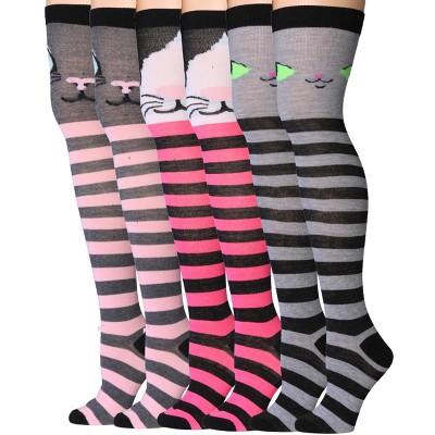 Isadora Paccini Womens 3 Pairs Cuddly Cat Motifs Fuchsia Colorful Stripes Pattern Over The Knee High Socks