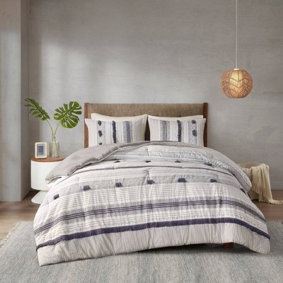 Gray and Navy Queen Cotton Comforter Set with Pom Accents