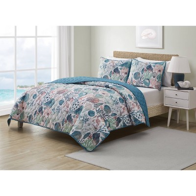 VCNY King Ivory Coast Disperse Print 3pc Reversible Quilt Set Blue/Green - VCNY: Coastal Microfiber Bedding Set with Shams — фото 2