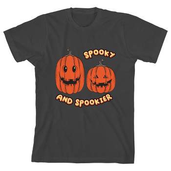 Kids Halloween Two Jack O Lanterns Spooky & Spookier Youth Charcoal Short Sleeve Crew Neck Tee