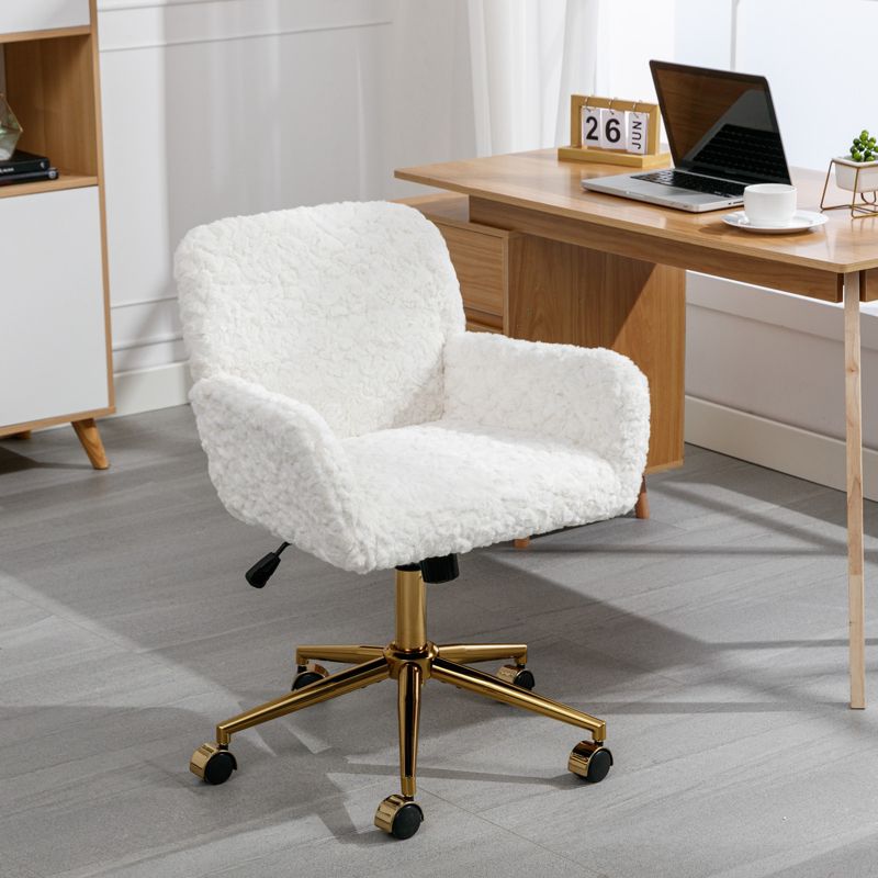 Faux Rabbit Fur Home Adjustable Office Chair with Golden Metal Base, Beige - ModernLuxe, 1 of 13