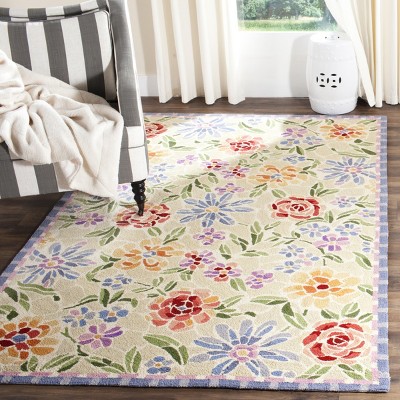 Ivory Floral Hand Hooked Wool Area Rug, 6' x 9'