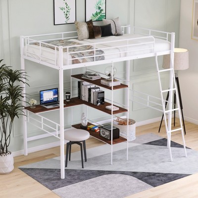Twin Size Metal Loft Bed With Built-in Desk and Shelves - ModernLuxe