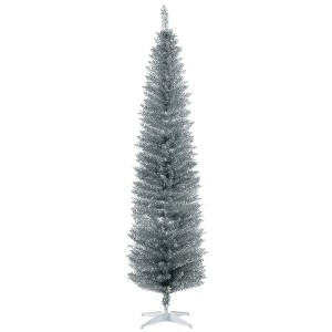 HOMCOM 7 FT Artificial Pencil Christmas Tree, Slim Xmas Tree with 499 Realistic Branch Tips and Plastic Stand, Silver - 1 of 4