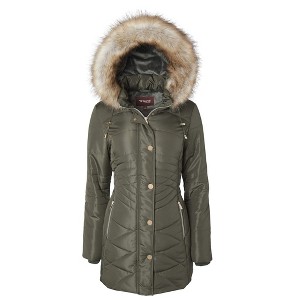 Sportoli Women Longer Length Plush Lined Quilted Winter Puffer Coat Zip-Off Faux Fur Trim Hood - 1 of 4
