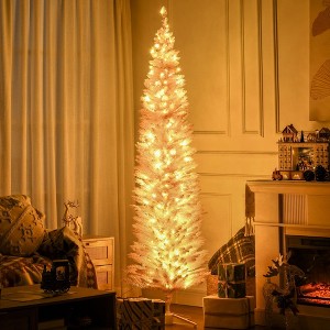 Angel Sar 7ft Pencil Christmas Tree, Slim Pink Artificial Xmas Tree with Warm White LED Lights, Space Saving Design - 1 of 4