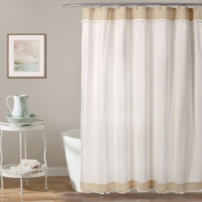 Lush Décor Adelyn Pom Pom Shower Curtain Neutral : Microfiber, Machine Washable, Non-Slip Backing