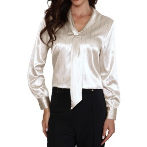 INSPIRE CHIC Women's Satin Striped Long Sleeve Tie V Neck Business Causal Office Shirt - 1 of 4