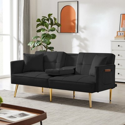 69.2" Convertible Futon Sofa Bed With 2 Pillow, Loveseat Sleeper Sofa with Adjustable Backrest, Velvet Futon Couch for Guest Room Living Room