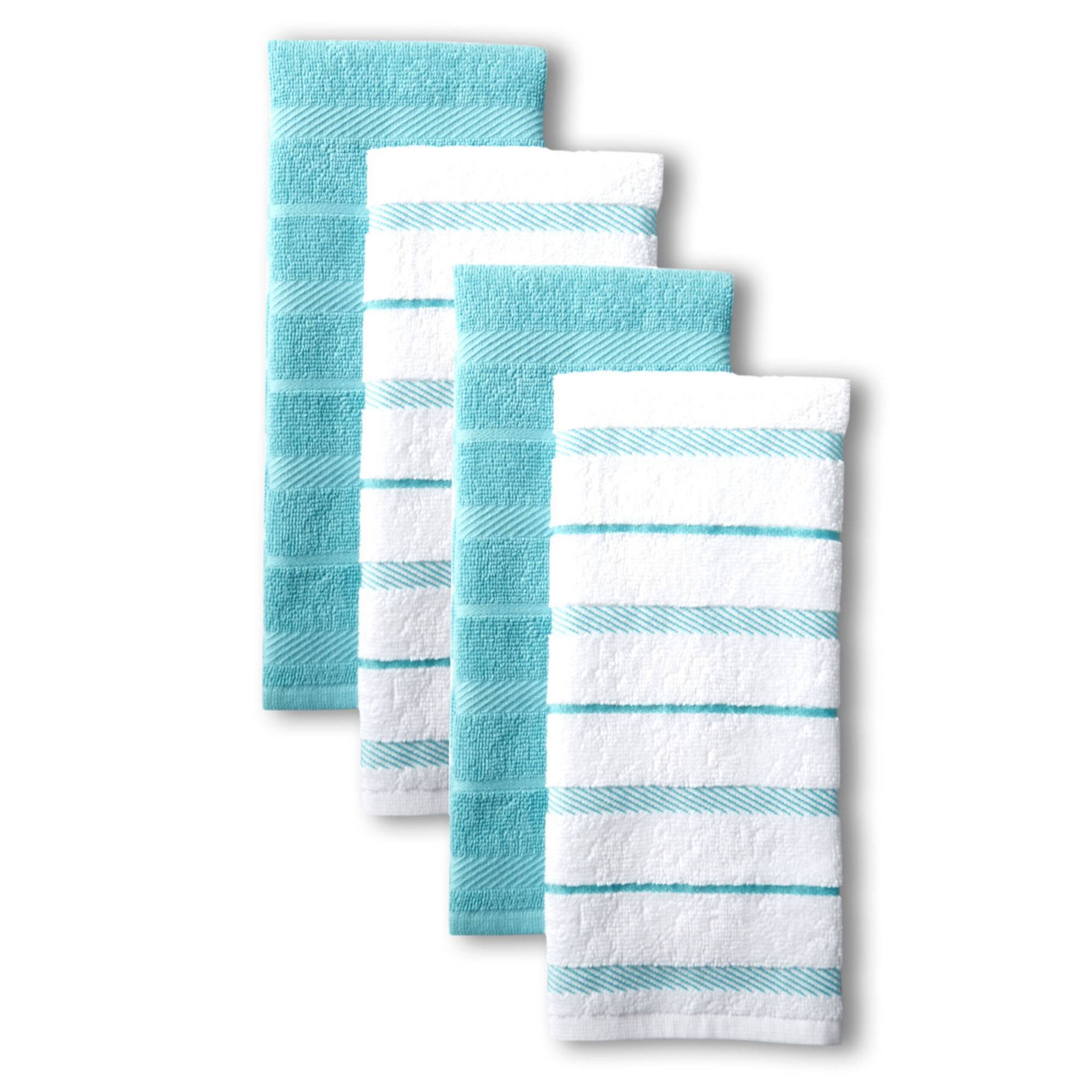 KitchenAid 4pk Cotton Albany Kitchen Towels Teal: Dish & Hand Towels Set, Solid & Stripe Pattern, 26"x16" Machine Washable