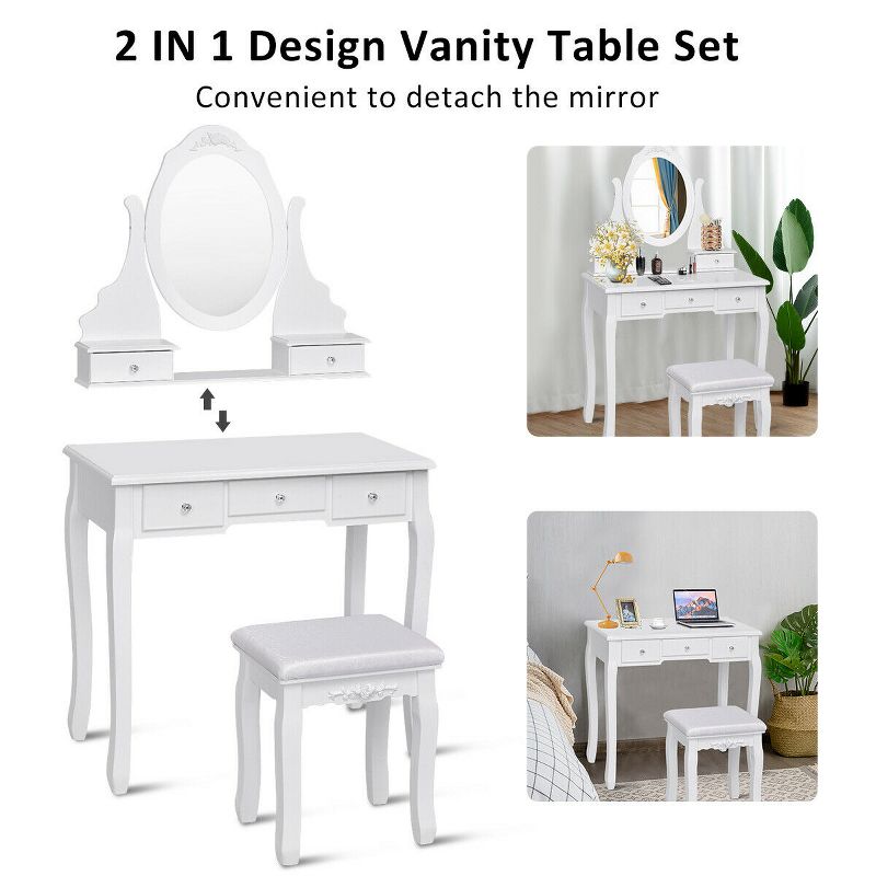 Costway Bedroom Wooden Mirrored Makeup Vanity Set Stool Table Set White 5 Drawers, 3 of 11