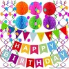 Happy Birthday Banner With Colorful Paper Flag Bunting Paper Circle Confetti Garland Swirl Streamers Honeycomb ball for Birthday Party Decorations - 4 of 4