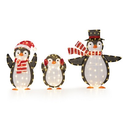 Tangkula Lighted Christmas Penguins Set of 3 Christmas Penguin Decorations w/ LED Lights