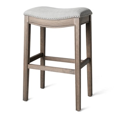 HomeRoots 31" Gray and Oak Fabric and Solid Wood Backless Bar Height Bar Chair