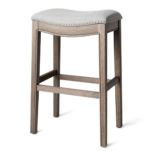 HomeRoots 31" Gray and Oak Fabric and Solid Wood Backless Bar Height Bar Chair - 1 of 4