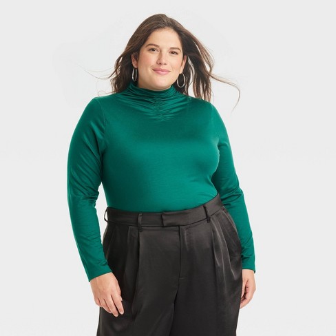 Women's Ruched Mock Turtleneck Long Sleeve T-Shirt - A New Day™ Green 4X
