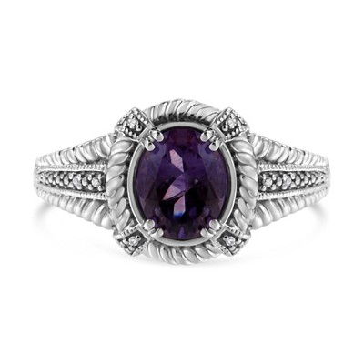 Silver Prong Set Oval Shape Purple Amethyst Solitaire and Diamond Accent Ring