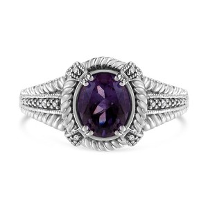Silver Prong Set Oval Shape Purple Amethyst Solitaire and Diamond Accent Ring - 1 of 4