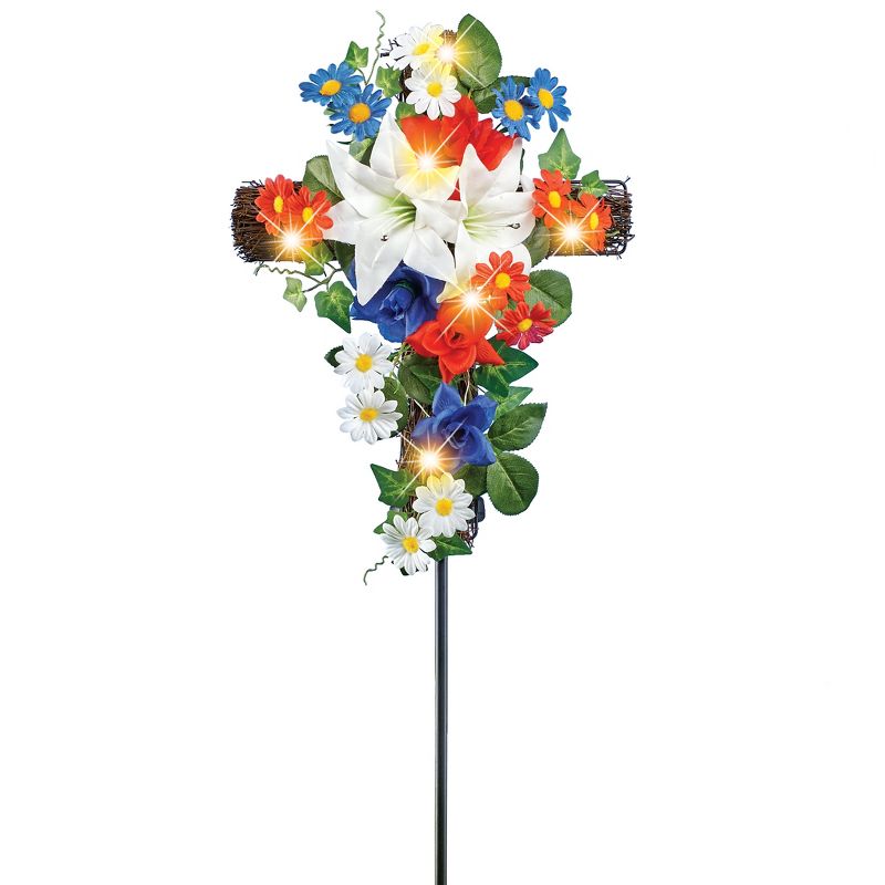 Collections Etc Patriotic Solar Powered Floral Cross Garden Stake 12 X 4.5 X 32, 1 of 3