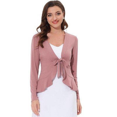 INSPIRE CHIC Women's Tie Front Long Sleeve Crop Ruffle Knit Cardigan Sweaters