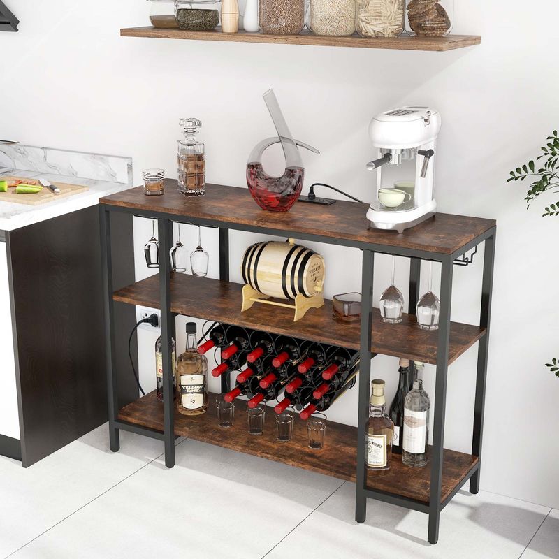 Costway Wine Cabinet Bar Table Rack Table for Drinks Glasses with Power Outlets Brown/Grey, 2 of 11