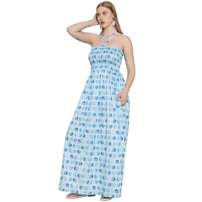 target blue and white floral dress Womens Summer Floral Dresses Sleeveless Smocked Maxi Dress Spaghetti Strap  A Line Ruffle Flowy Beach Long Dress Blue Medium