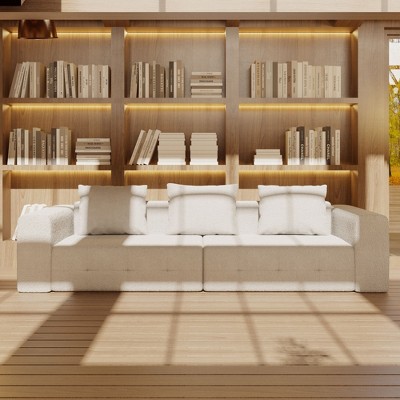 Famapy Modern Beige Fluffy Fabric Sofa with Matching Cushions Stylish Comfort for Living Spaces