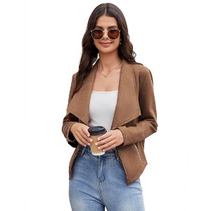 KOJOOIN Women's Fashion Faux Suede Jackets 2024 Clothes Lapel Long Sleeve Open Front Outerwear Cropped Coats - 1 of 4