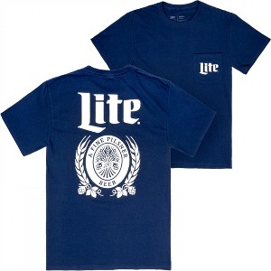Mens Miller Lite Beer Front and Back Navy and White Logo Print Pocket T-Shirt - 1 of 4