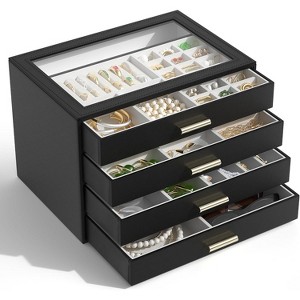 Leather Jewelry Box with Clear Lid, 2-Drawer Storage Organizer Case for Necklaces, Rings, Earrings, Bracelets - 1 of 4