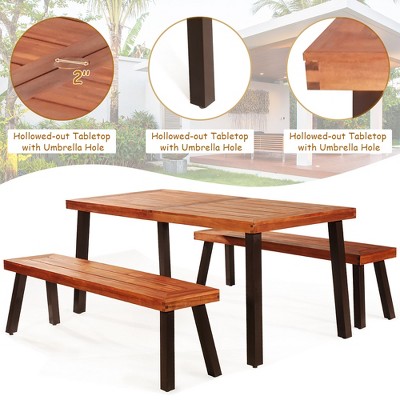 Acacia Wood and Steel 3-Piece Outdoor Picnic Table Set