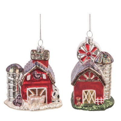 Transpac Glass Barn Ornament Set of 2 Christmas Home Decorations