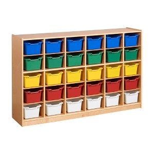 ECR4Kids 30 Cubby Mobile Tray Cabinet with 30 Scoop Front Storage Bins, 5x6, Natural - 1 of 4