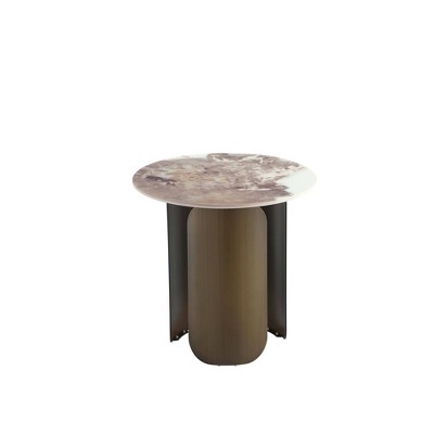 Monica Round Sintered Stone and Gold Metal End Table
