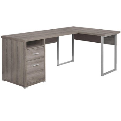 47" Taupe and Silver L Shape Computer Desk With Two Drawers