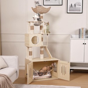 Litterbox Cat Tree with Litter Box Enclosure, All-in-One Cat Furniture with Rattan Nest, Space Capsule and Hammocks for Living Room, Natural - 1 of 4