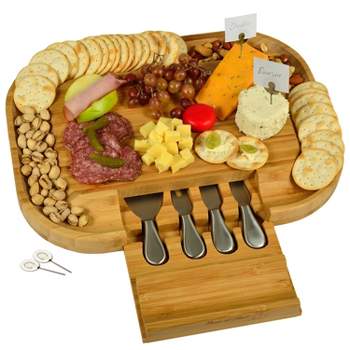 Picnic at Ascot - Large Bamboo Cheese Board with Cracker Groove & Integrated Drawer with 4 Piece Knife Set & Cheese Markers