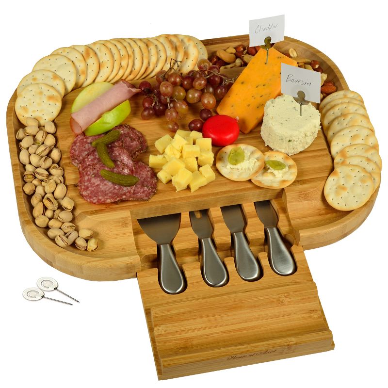 Picnic at Ascot - Large Bamboo Cheese Board with Cracker Groove & Integrated Drawer with 4 Piece Knife Set & Cheese Markers, 1 of 5