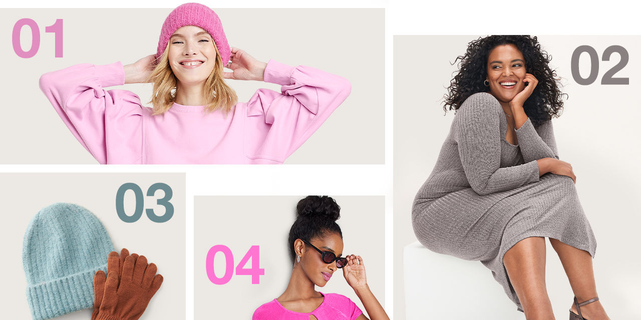 1. Pink knitted hat 2. Grey knit dress 3. Teal knit hat and brown knit touch gloves