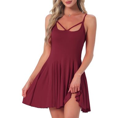 INSPIRE CHIC Women's Nightgown Ruffle Pleated Flowy Babydoll Chemise Camisole Mini Pajama Dress for Valentine X-Small Wine Red
