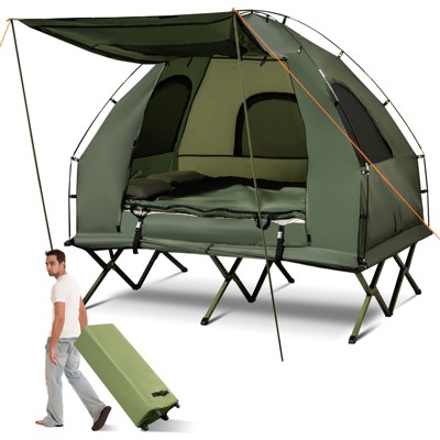 Tangkula Folding 2-Person Camping Tent Cot Portable Pop-Up Tent with Sleeping Bag&Air Mattress for Outdoor Activity
