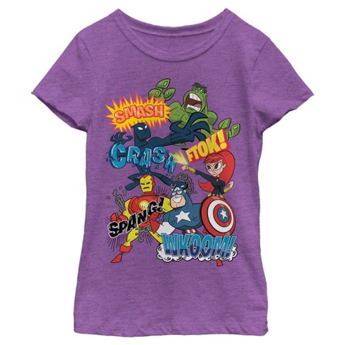 Girl s Marvel Animated Avengers Sound Effects T Shirt Purple Berry Small